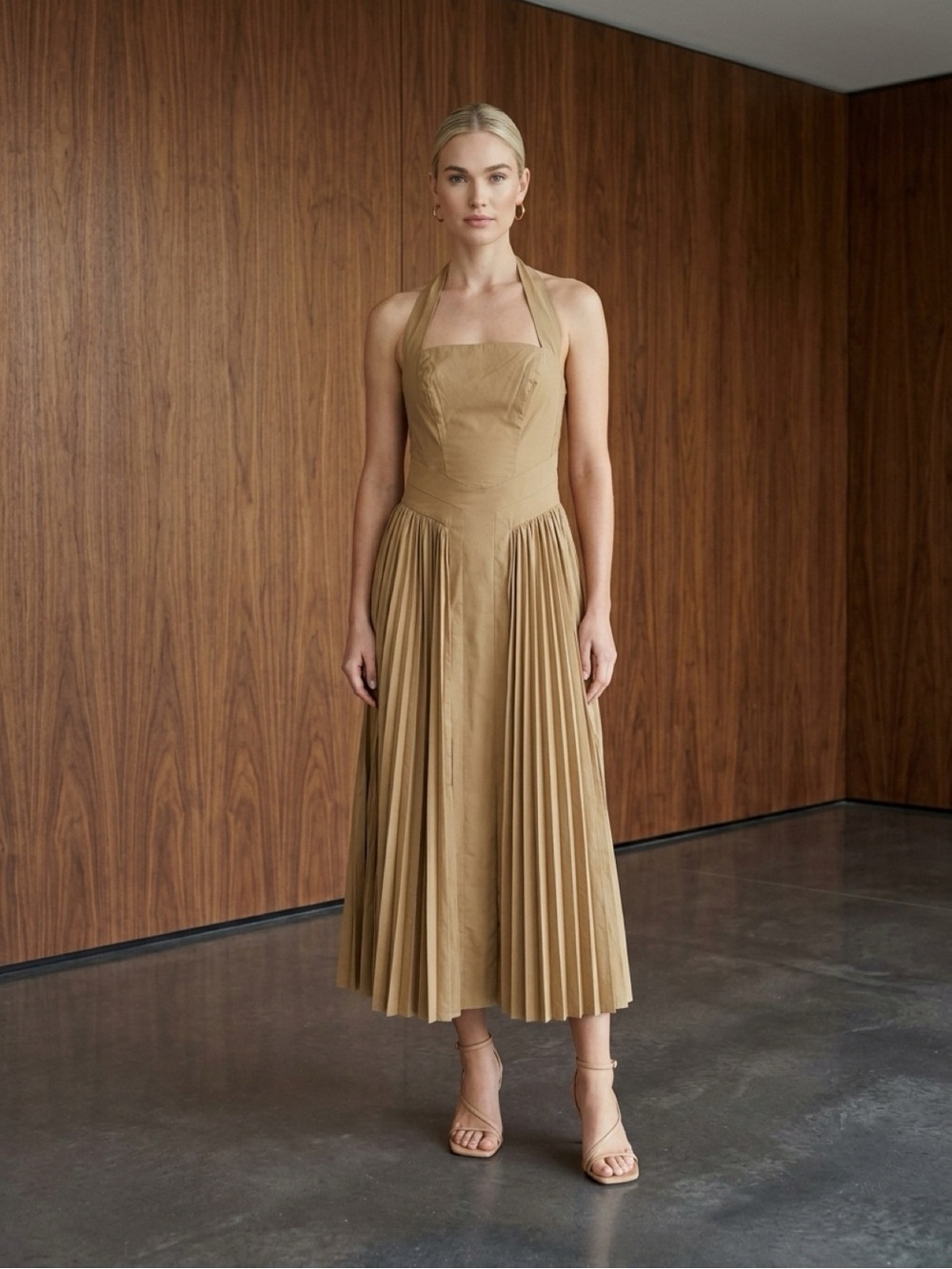 NWOT Halter Pleated Midi Dress in Tan